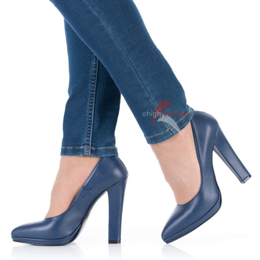 high feelings High Heels Pumps Blau Leder Blockabsatz New